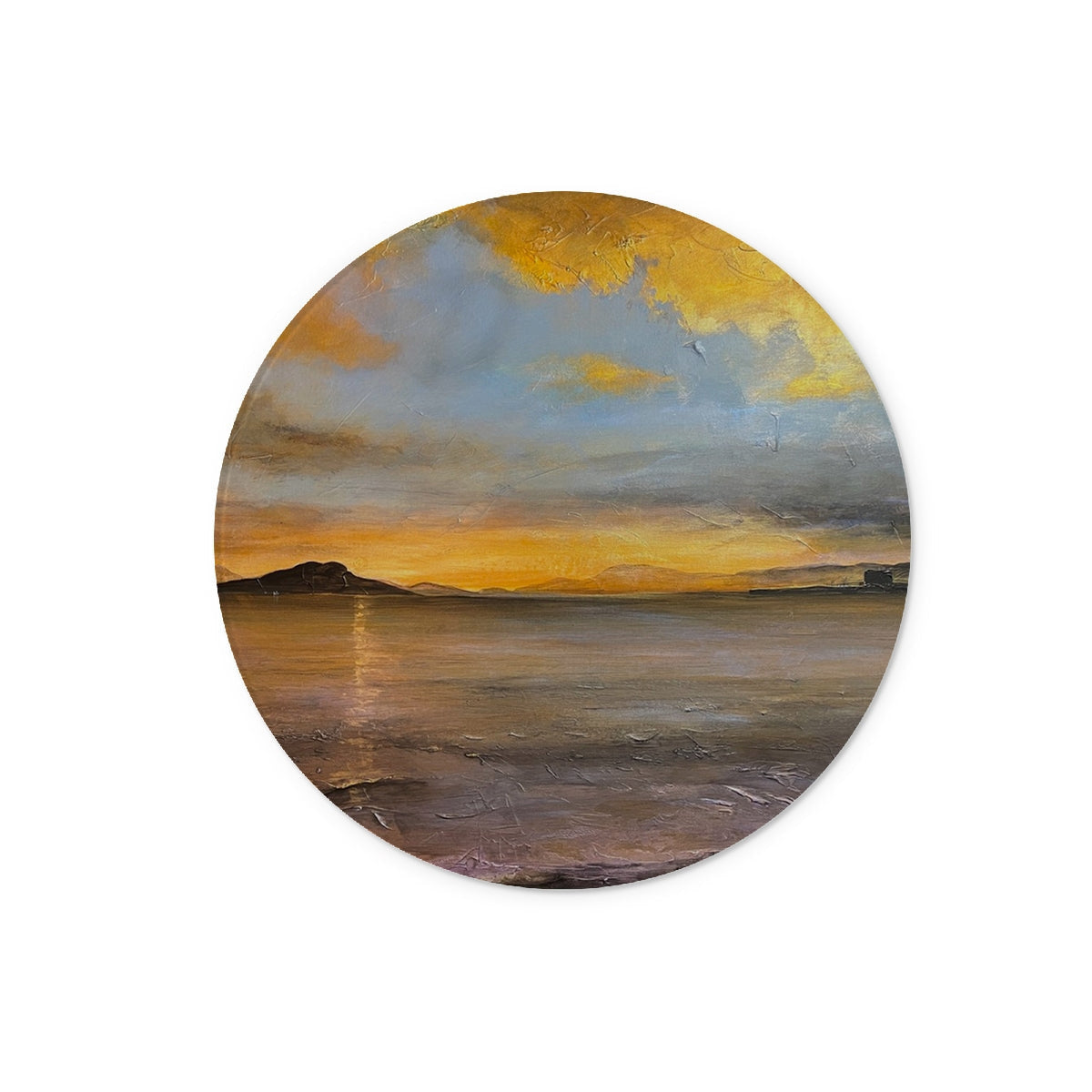 Yellow orange sunset textured coaster on Loch Linnhe Glass Chopping Board