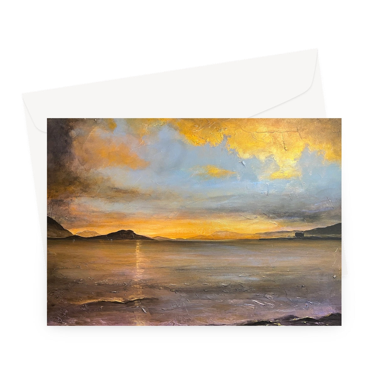 Loch Linnhe Sunset Greeting Card with yellow orange landscape and envelope