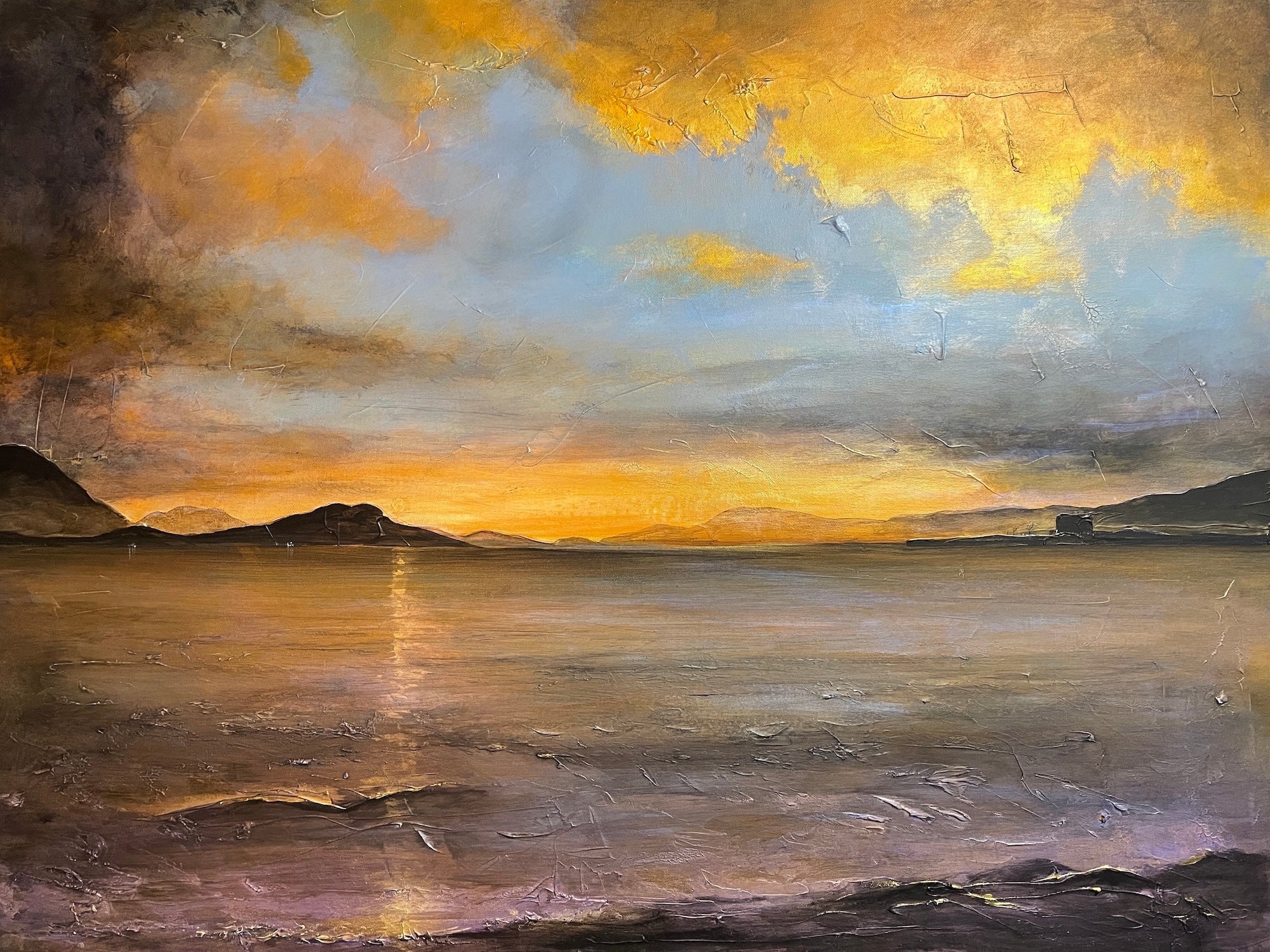 Textured oil painting of a sunset over Loch Linnhe with mountains and dramatic sky