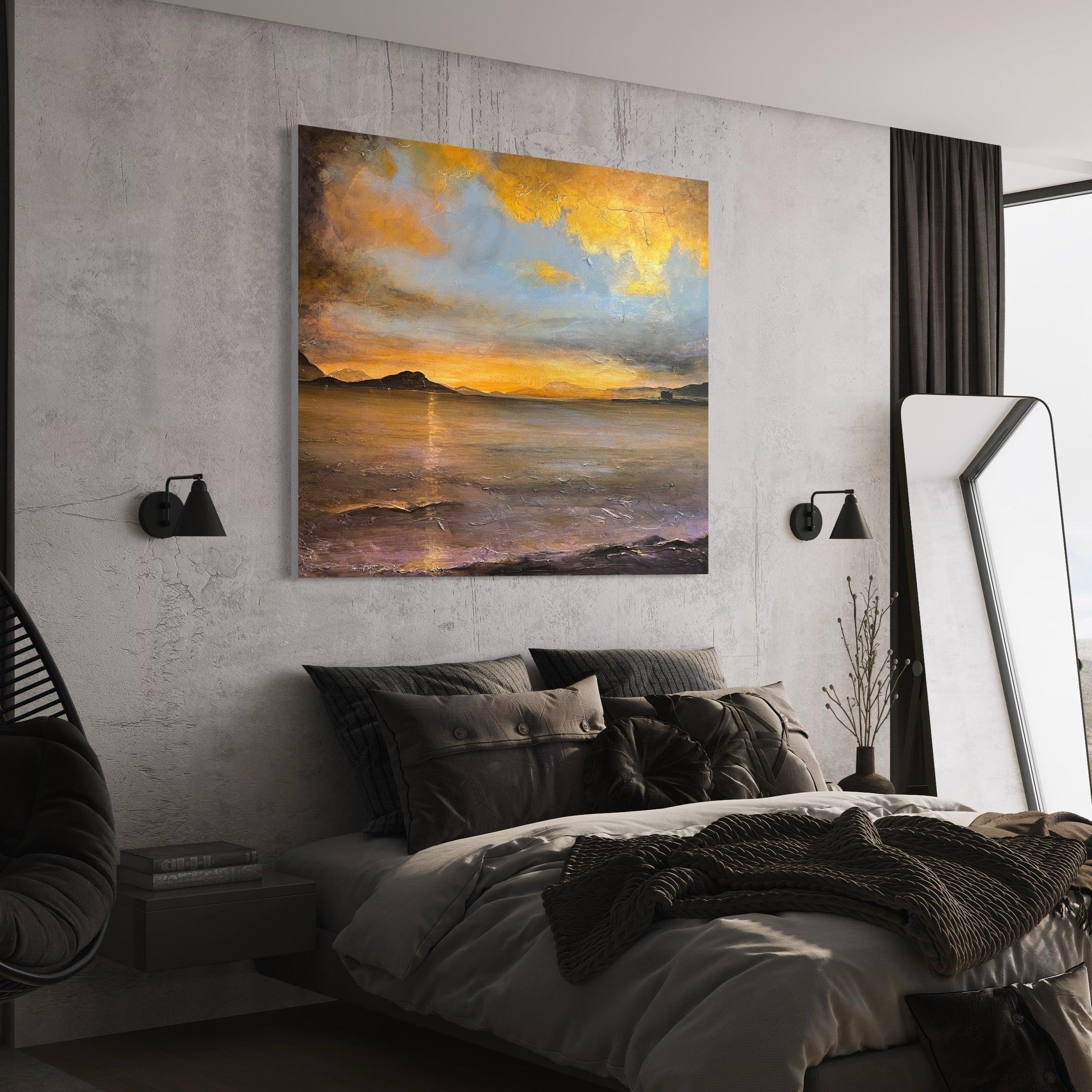 Bedroom with large landscape painting Loch Linnhe Sunset Scottish wall art