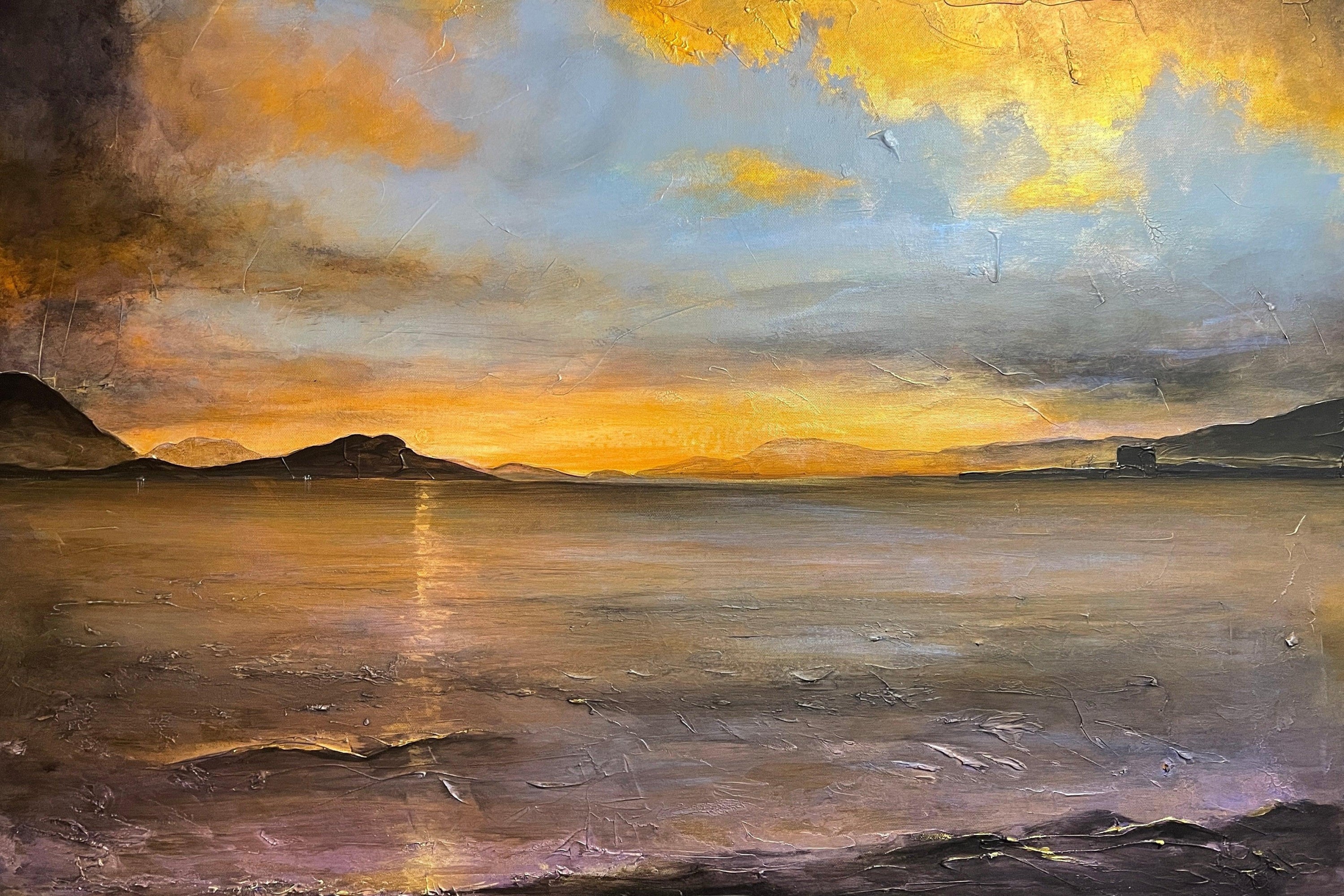 Expressive oil painting of Loch Linnhe sunset over water with distant mountains for wall art