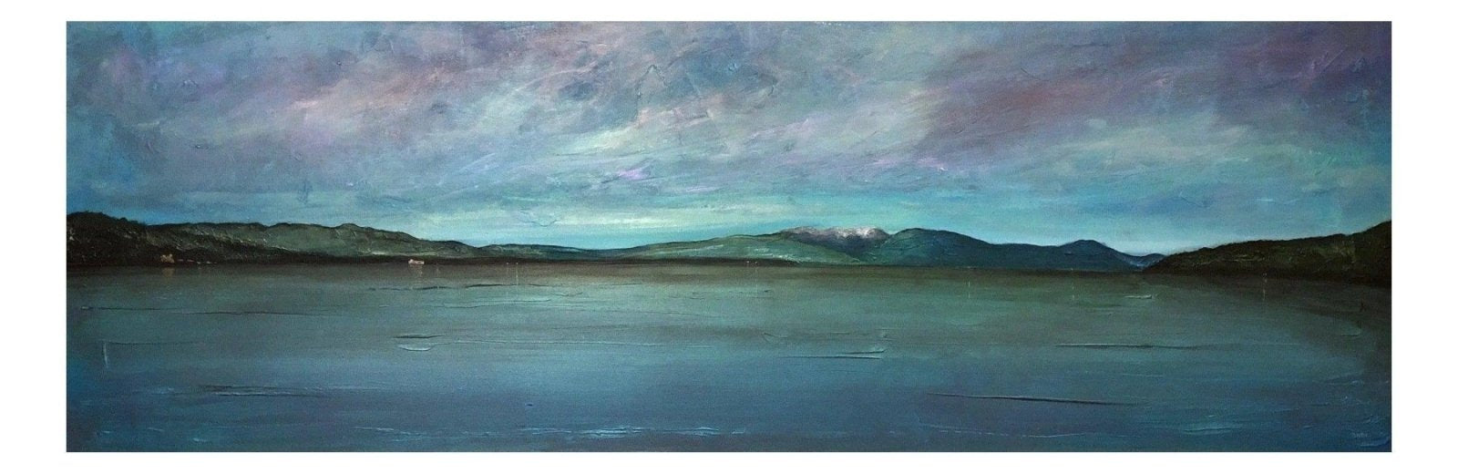 Panoramic painting of Loch Lomond with mountains and cloudy sky from Balloch Castle