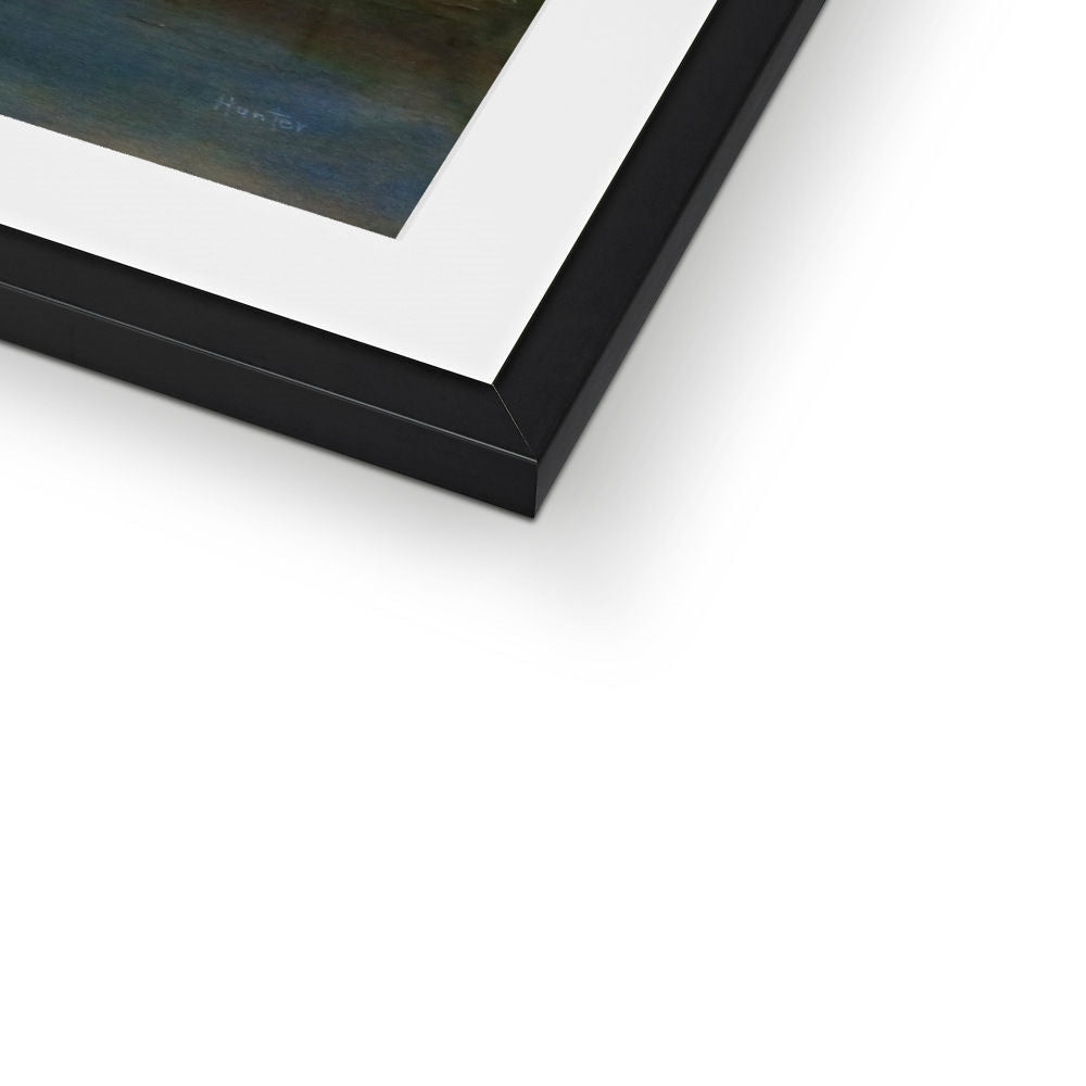 Black matte frame with white mat and dark blue Loch Lomond Cottage artwork
