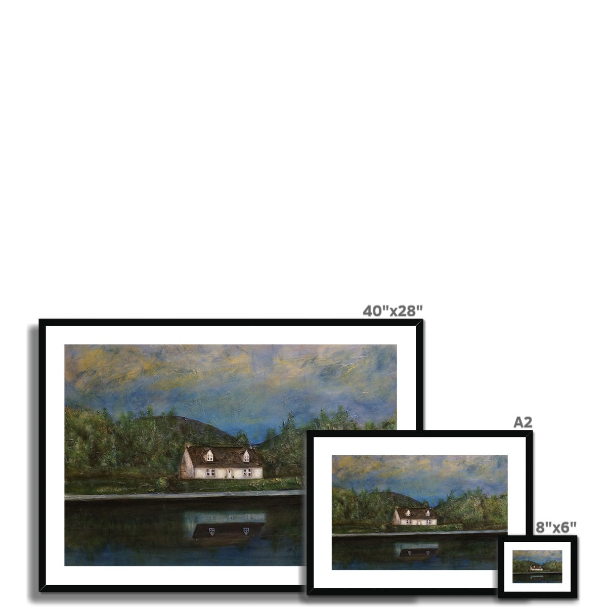 Framed 40x28 Loch Lomond Cottage landscape painting with serene river scene