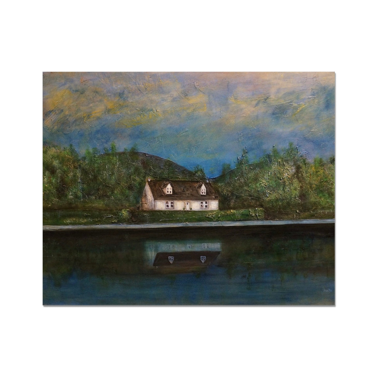 White house with brown roof amid Loch Lomond green trees artist proof print