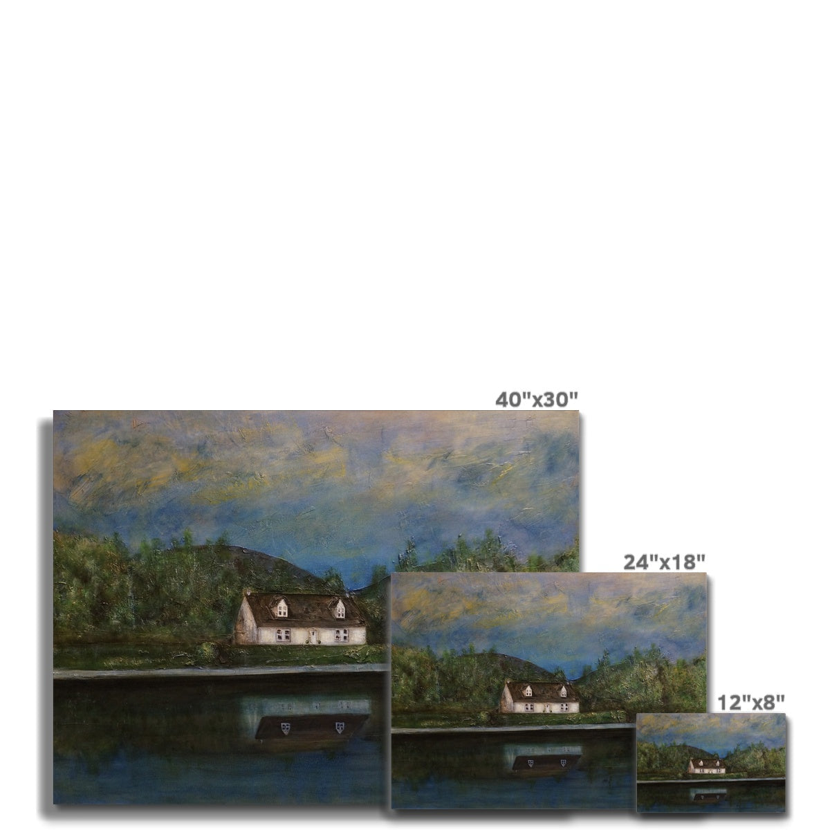 A Loch Lomond Cottage canvas print: 40x30 landscape of house on water in soft blues, greens, warm earth tones