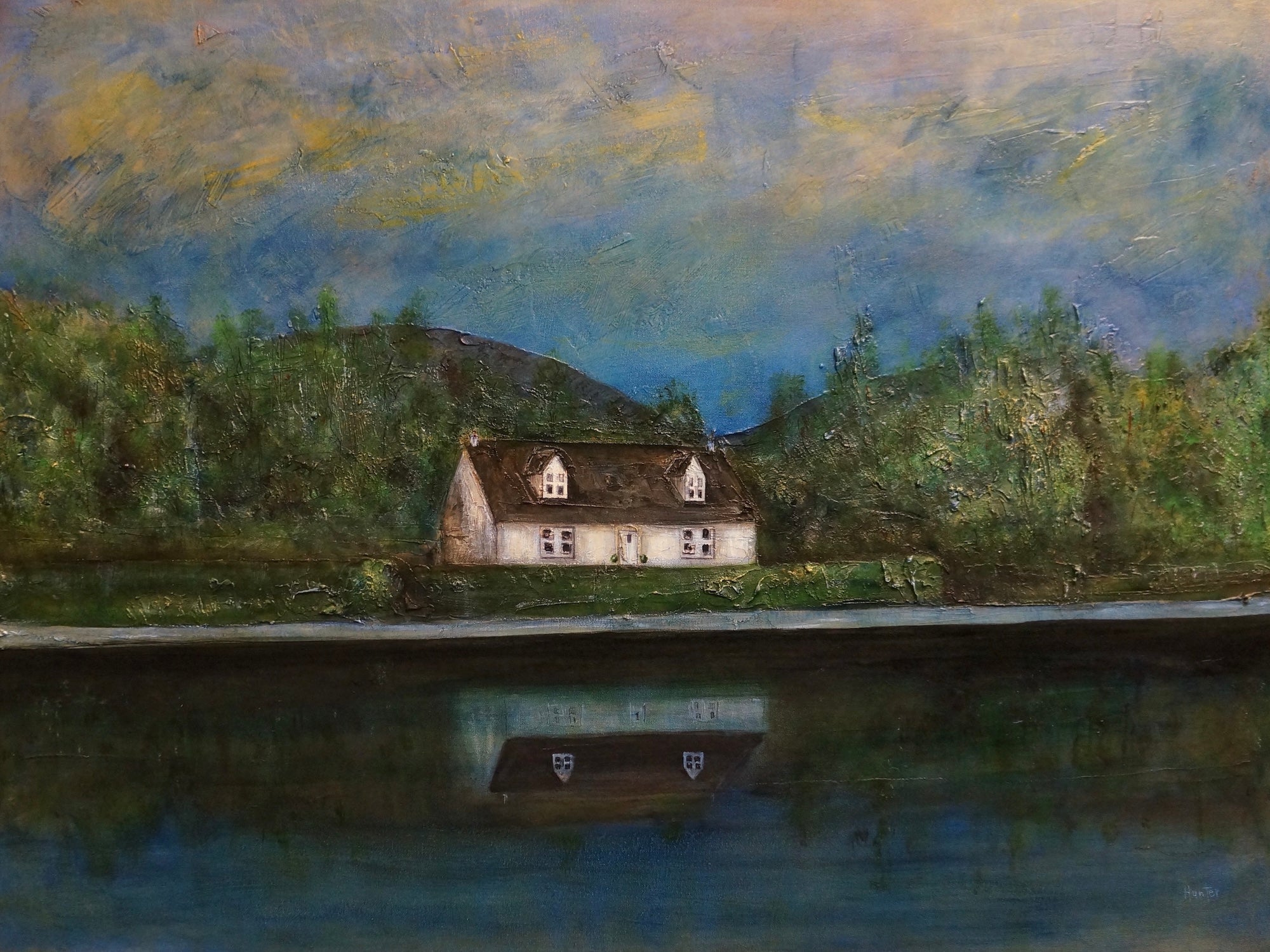 Loch Lomond Cottage Original Painting depicting a white cottage with brown roof reflected in water