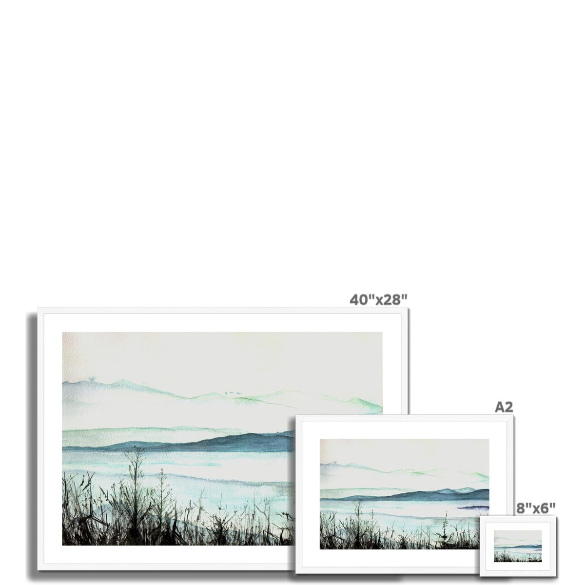 Loch Lomond Mist 40x28 inch framed abstract landscape print in teal and gray