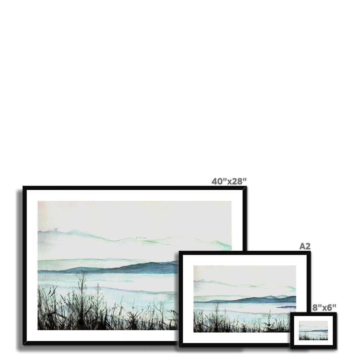 Loch Lomond Mist 40x28 inch minimalist framed landscape print in teal and gray