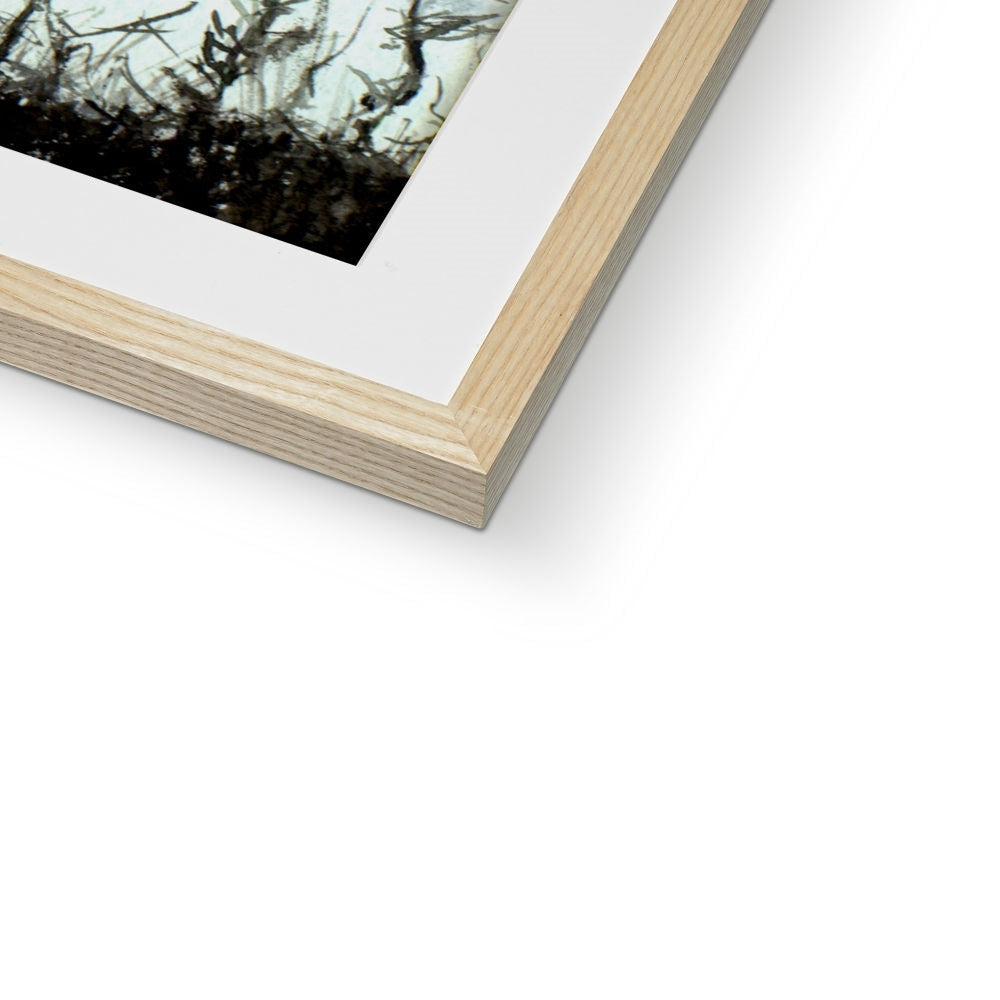 Loch Lomond Mist framed print with black and white branches image