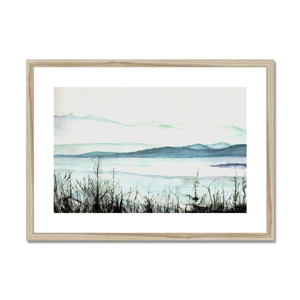 Loch Lomond Mist: minimalist watercolor landscape print in wooden frame