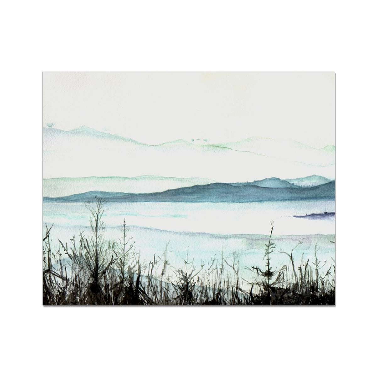 Blue watercolor Loch Lomond Mist landscape with mountains and grasses on Hahnemühle German Etching print