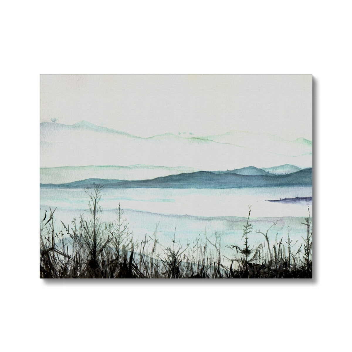 Blue and white watercolor Loch Lomond mist landscape canvas with grass