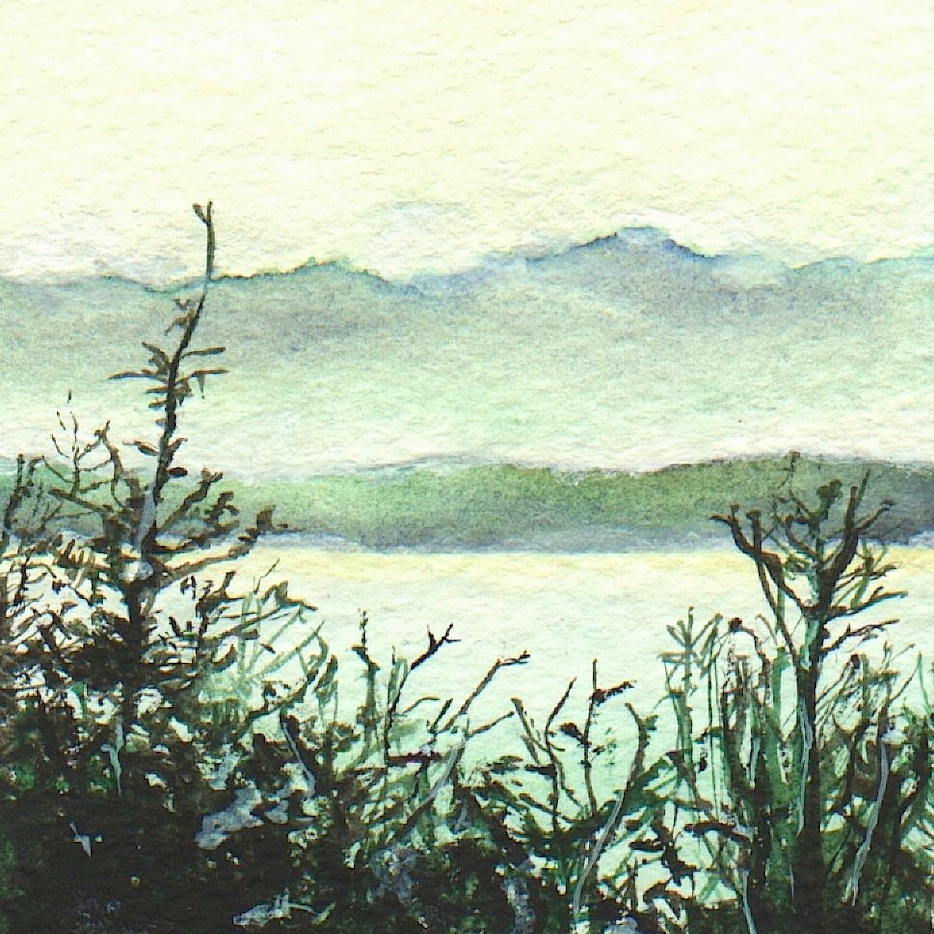 Watercolor landscape of distant mountains, water, and foliage for Loch Lomond Mist product