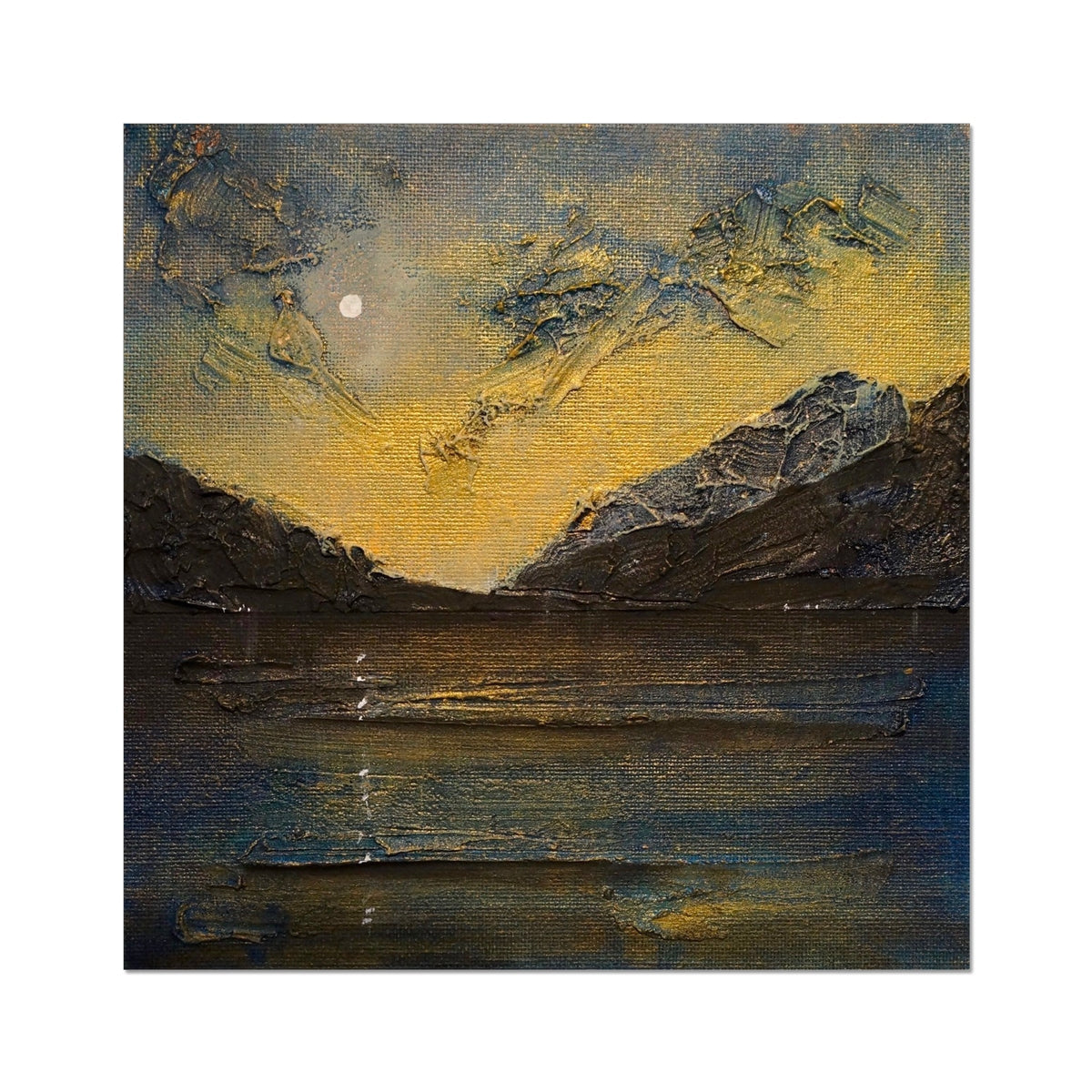 Blue and yellow abstract textured painting with central sun, Loch Lomond Moonlight Artist Proof print