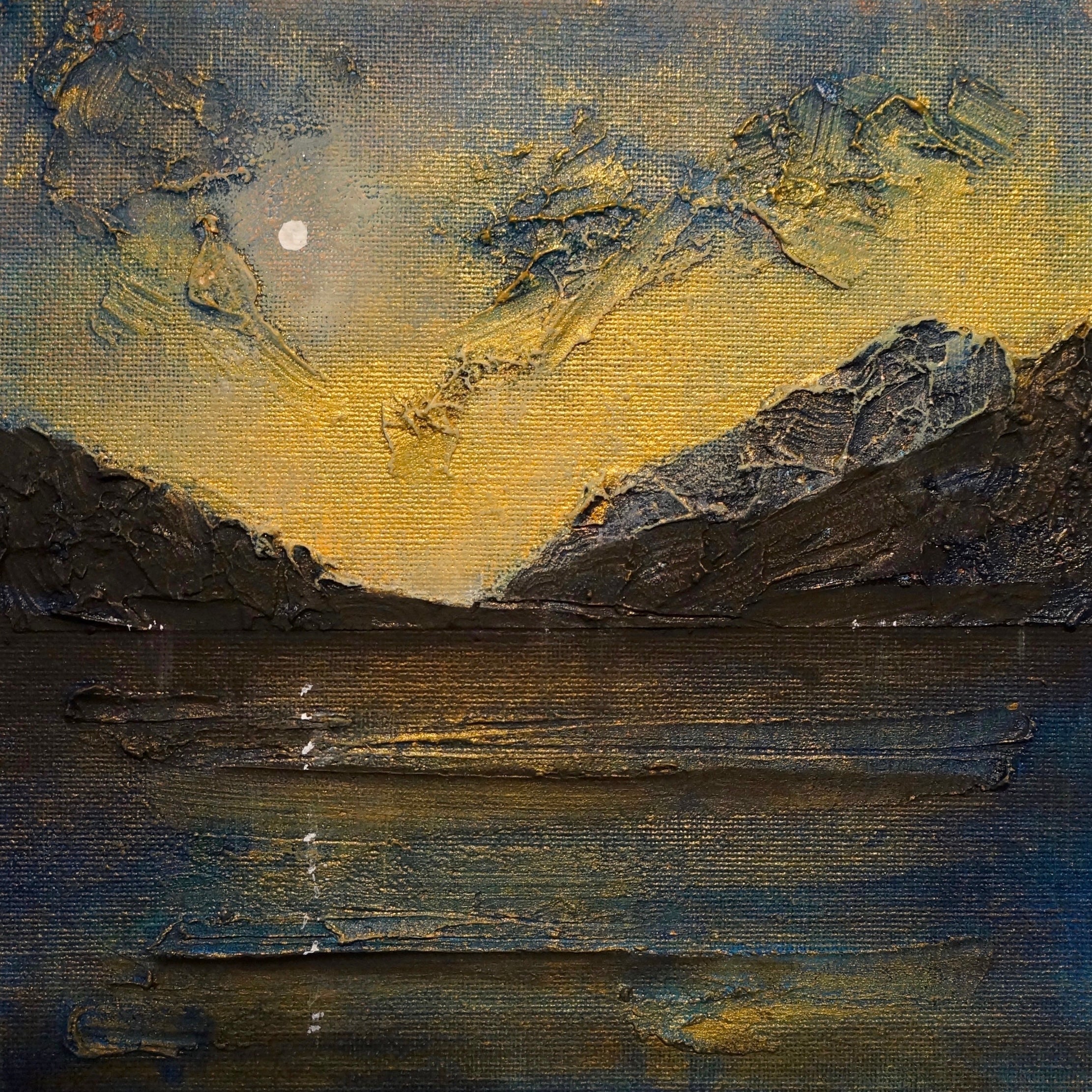 Textured landscape painting of Loch Lomond under moonlight in the Loch Lomond Moonlight Original Painting