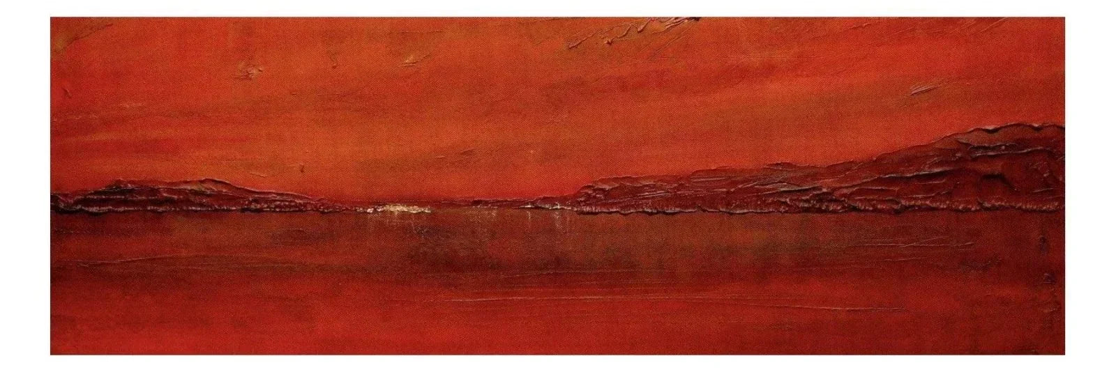 Red abstract Loch Lomond sunset panoramic painting with textured brushstrokes