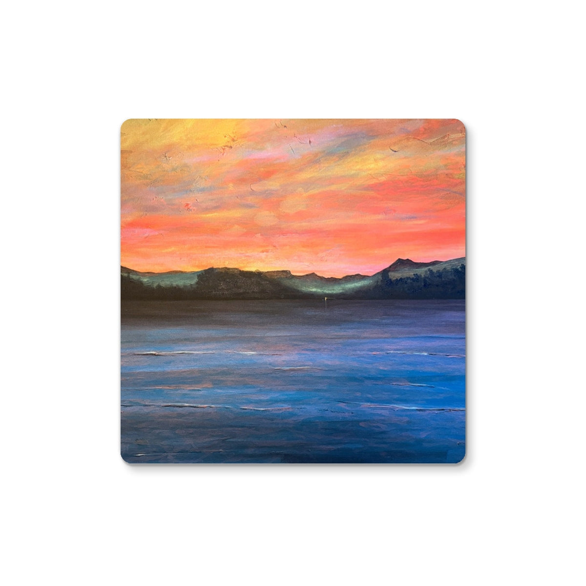 Loch Maree & Slioch coaster with vibrant orange pink sunset hues and textured grip
