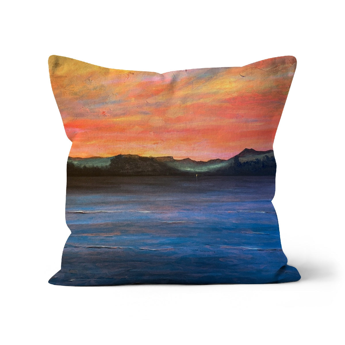 Decorative Loch Maree and Slioch Cushion with sunset design in vibrant orange, pink, and blue hues