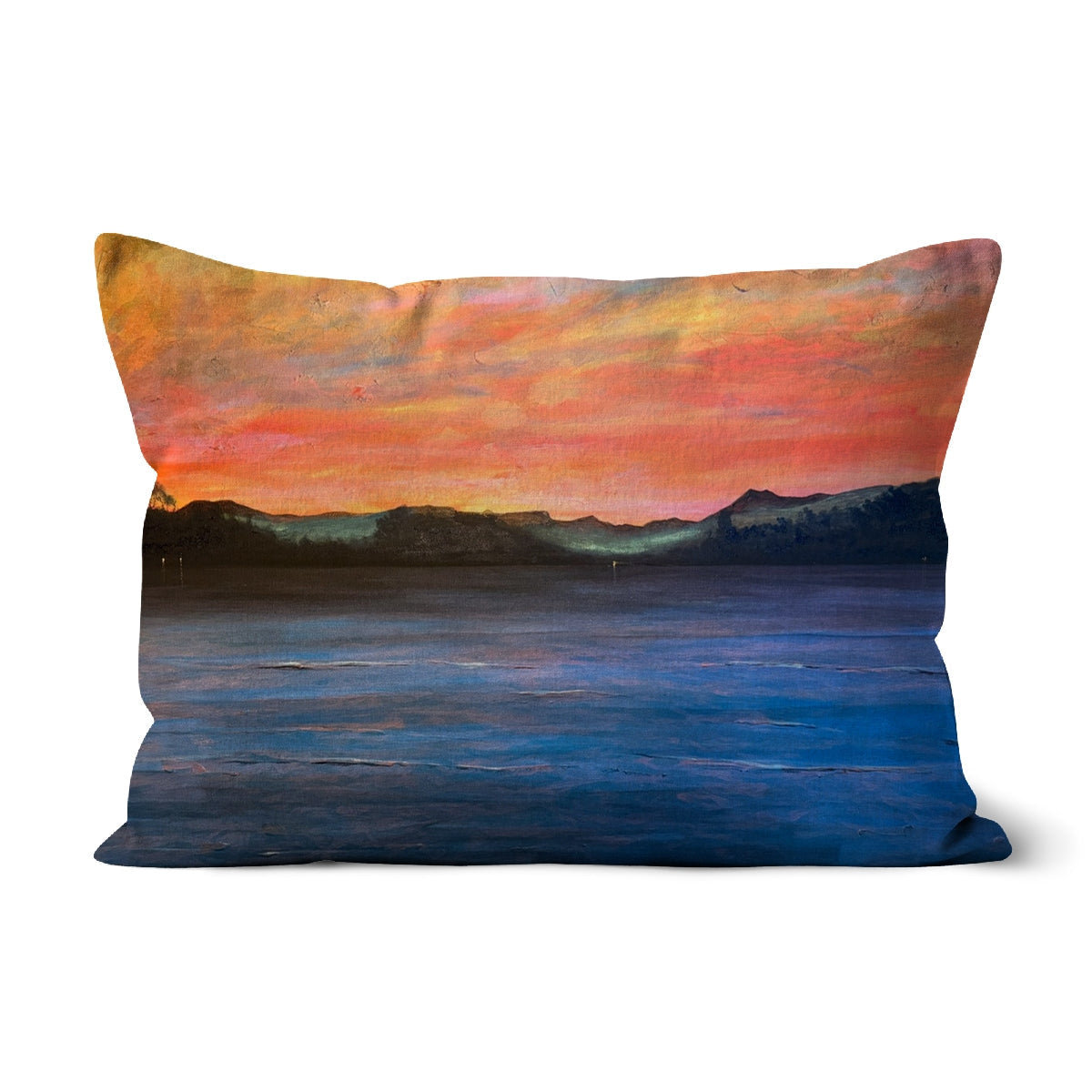 Orange and blue sunset-themed textured fabric throw pillow from Loch Maree & Slioch Cushion