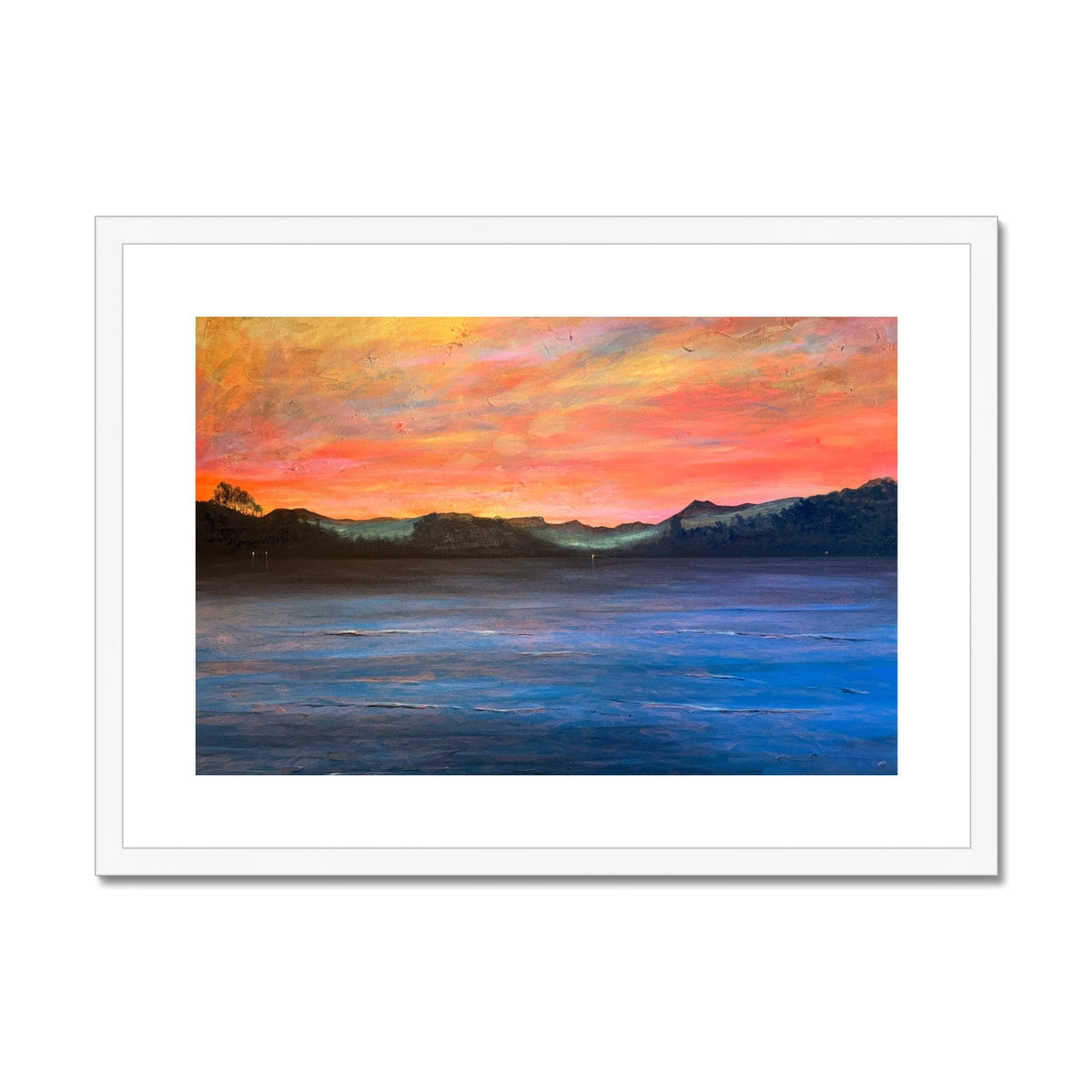 Sunset over Loch Maree with Slioch, vibrant orange pink lake painting print