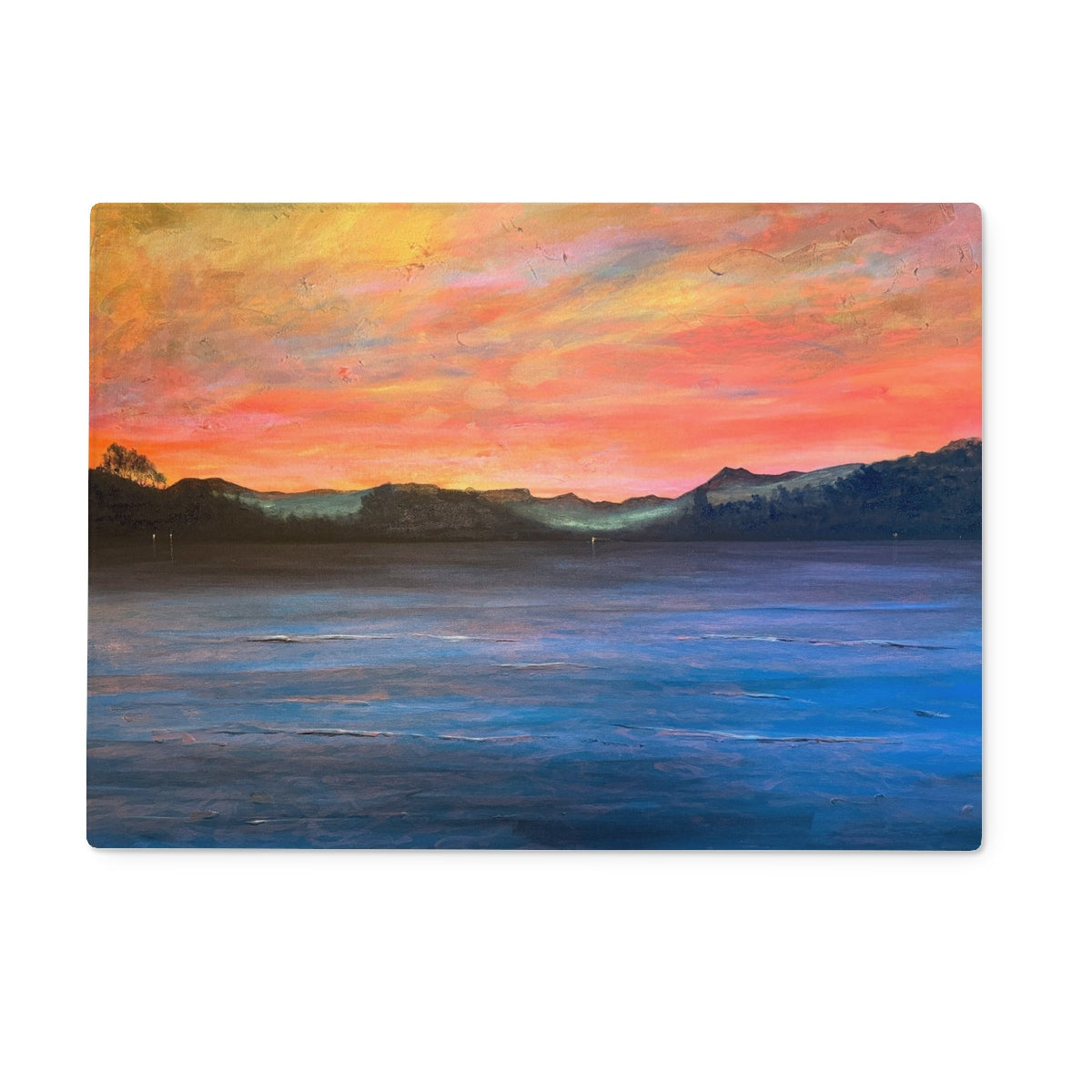 Vibrant Loch Maree and Slioch sunset landscape on glossy glass chopping board