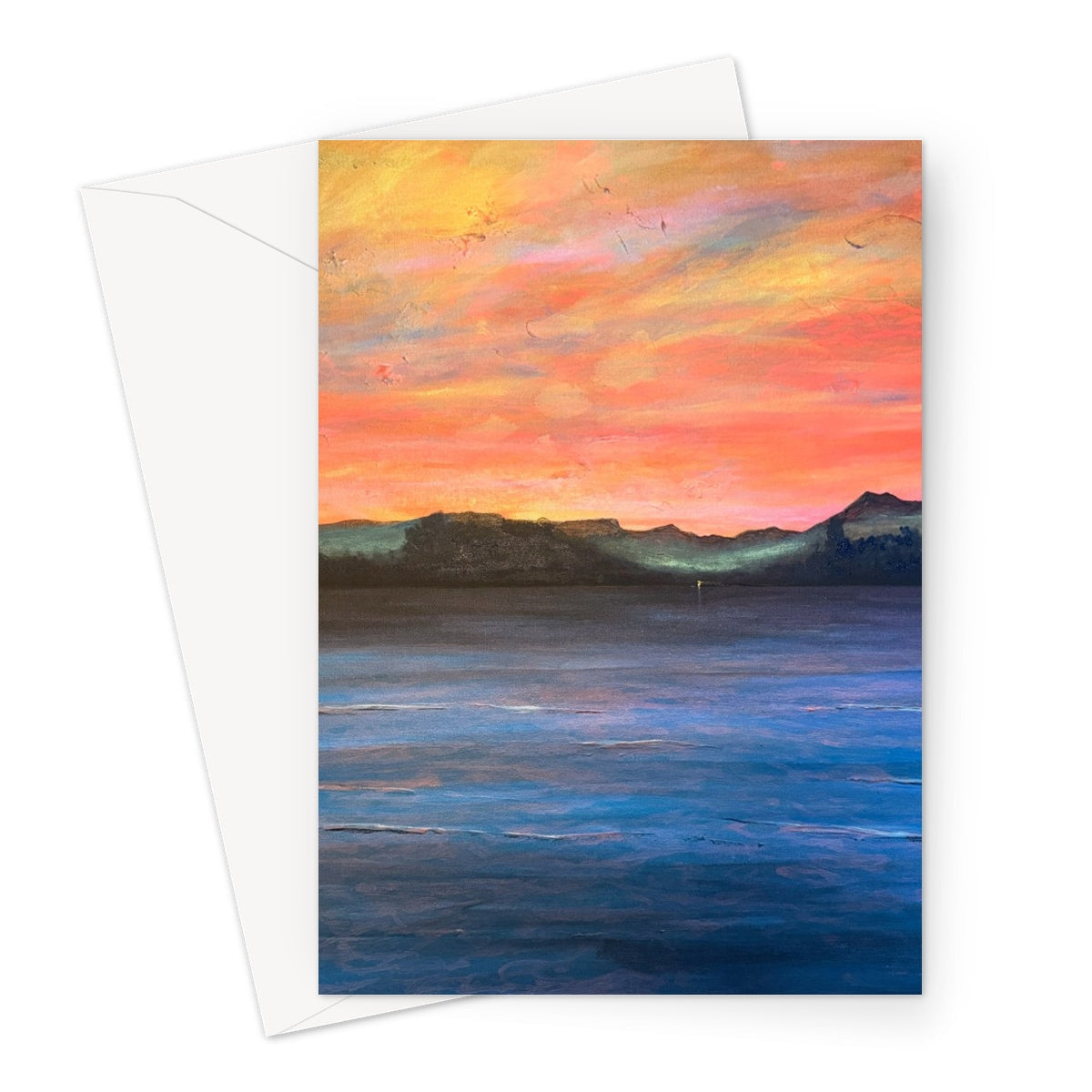 Sunset-themed Loch Maree and Slioch greeting card with vibrant orange and yellow hues showcasing a serene mountain and water landscape