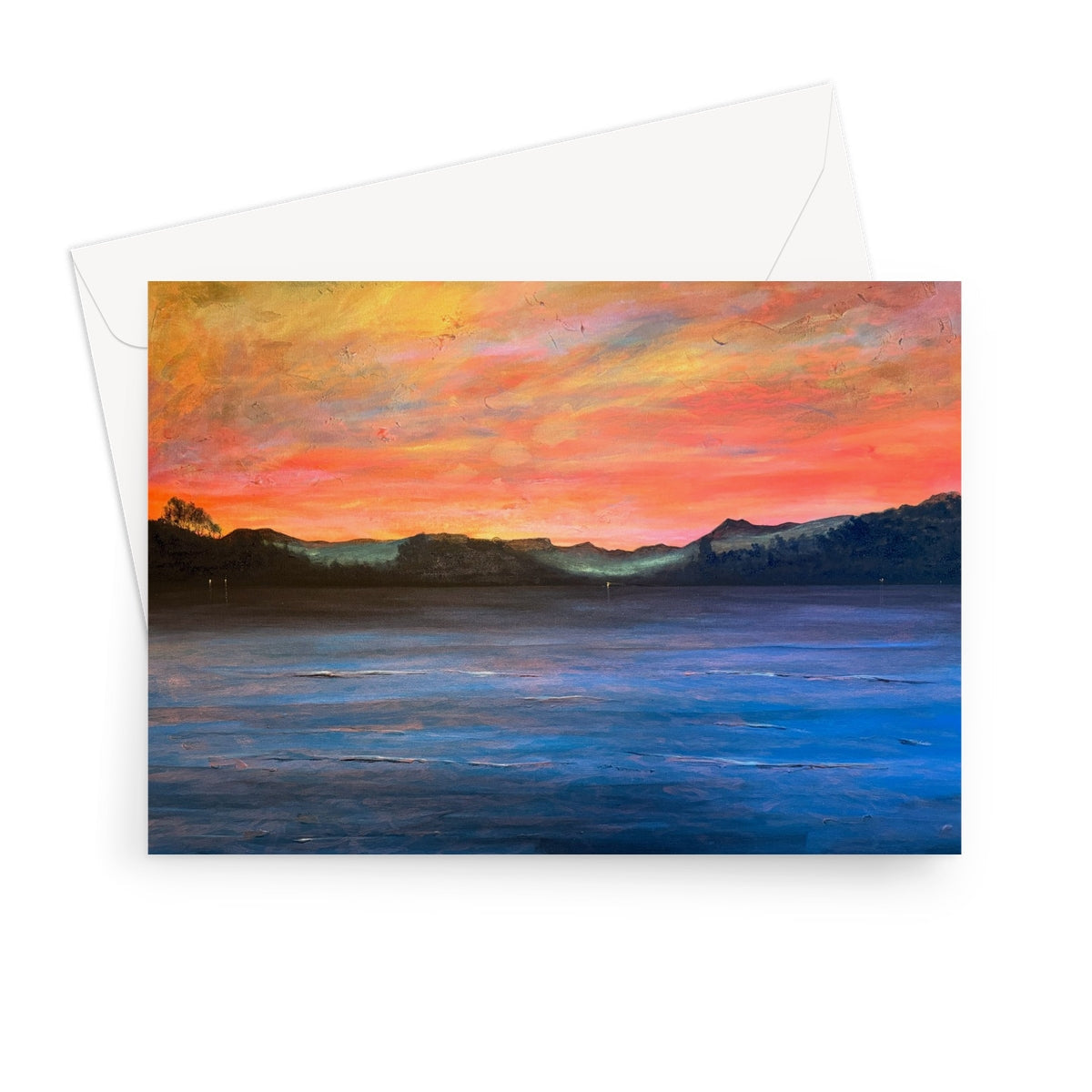 Sunset-themed Loch Maree & Slioch greeting card with vibrant orange and yellow hues over a serene lake scene