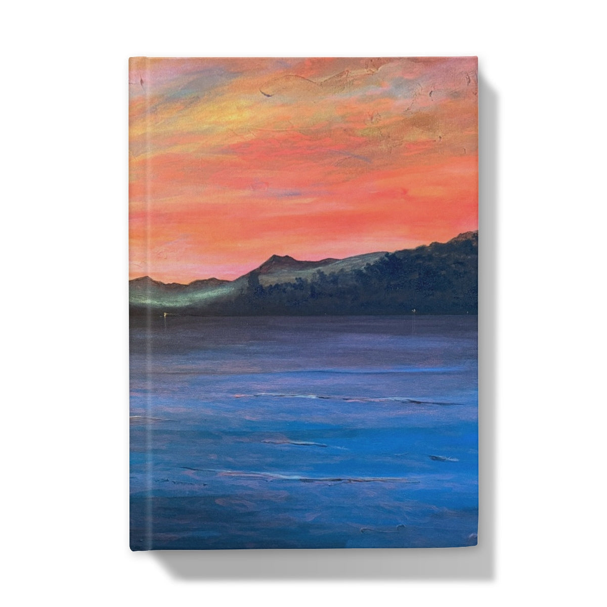 Vibrant orange sunset canvas painting of serene Loch Maree ocean in journal