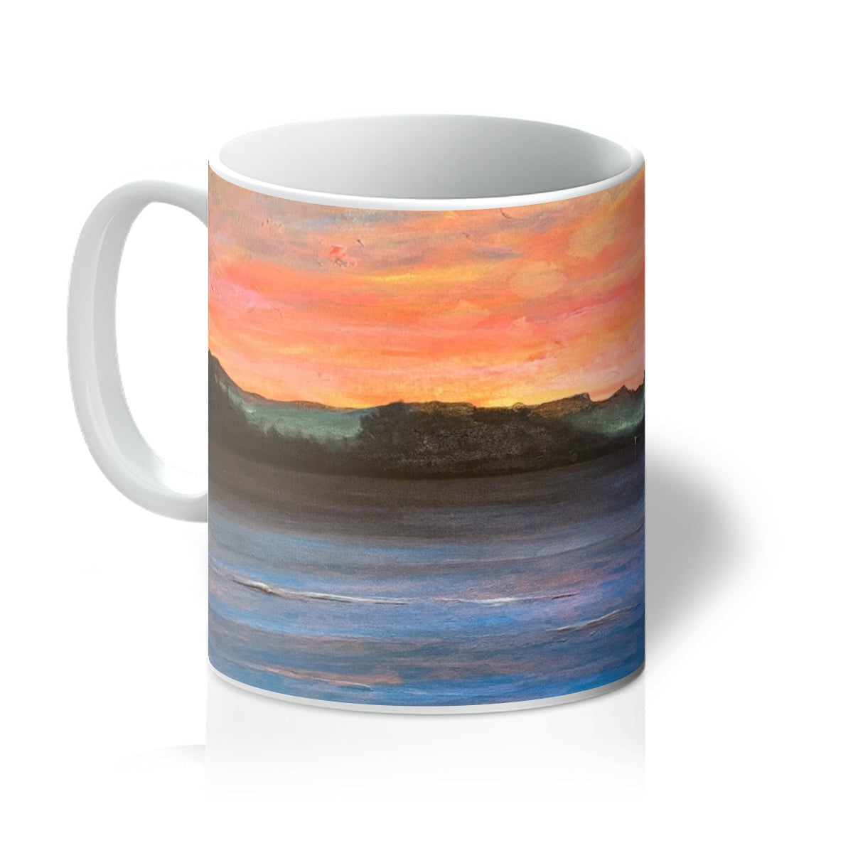 Loch Maree & Slioch ceramic mug with sunset orange and blue design