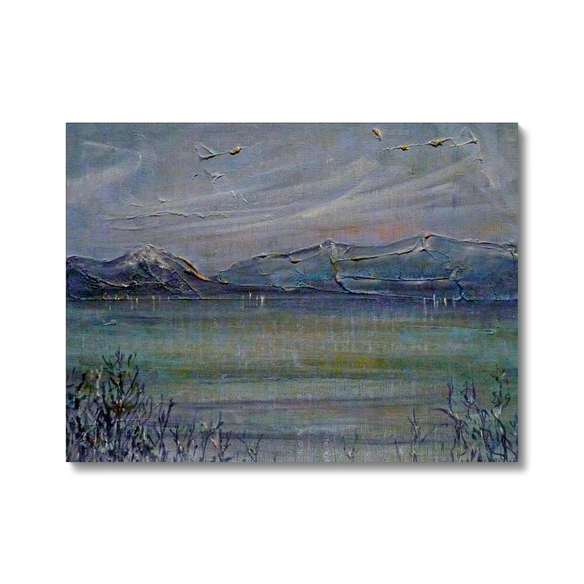 Blue and white mountain landscape painting with textured brushstrokes on Loch Morlich Moonlight Canvas