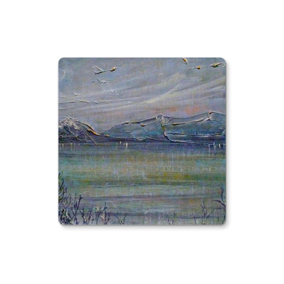 Gray and white abstract landscape coaster with textured surface for Loch Morlich Moonlight decor