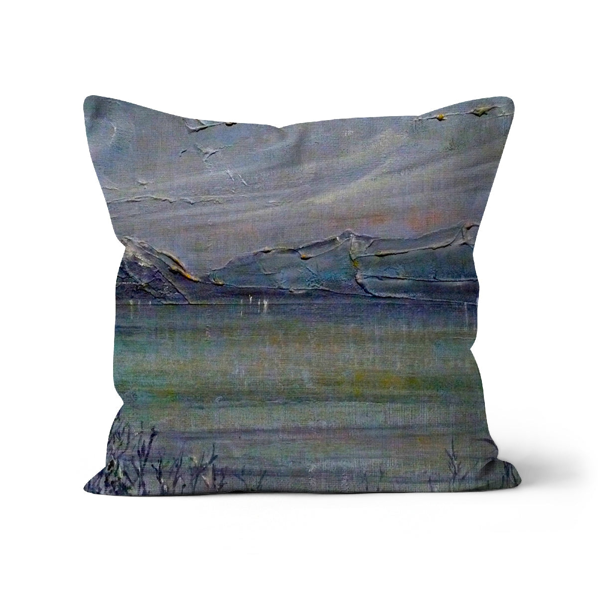 Gray and blue abstract landscape textured cushion from Loch Morlich Moonlight series