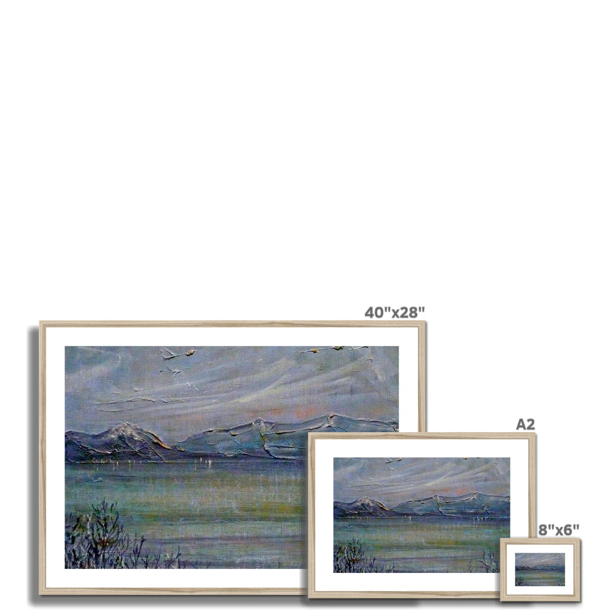 Loch Morlich Moonlight framed print with mountain landscape, beige frame, white mat