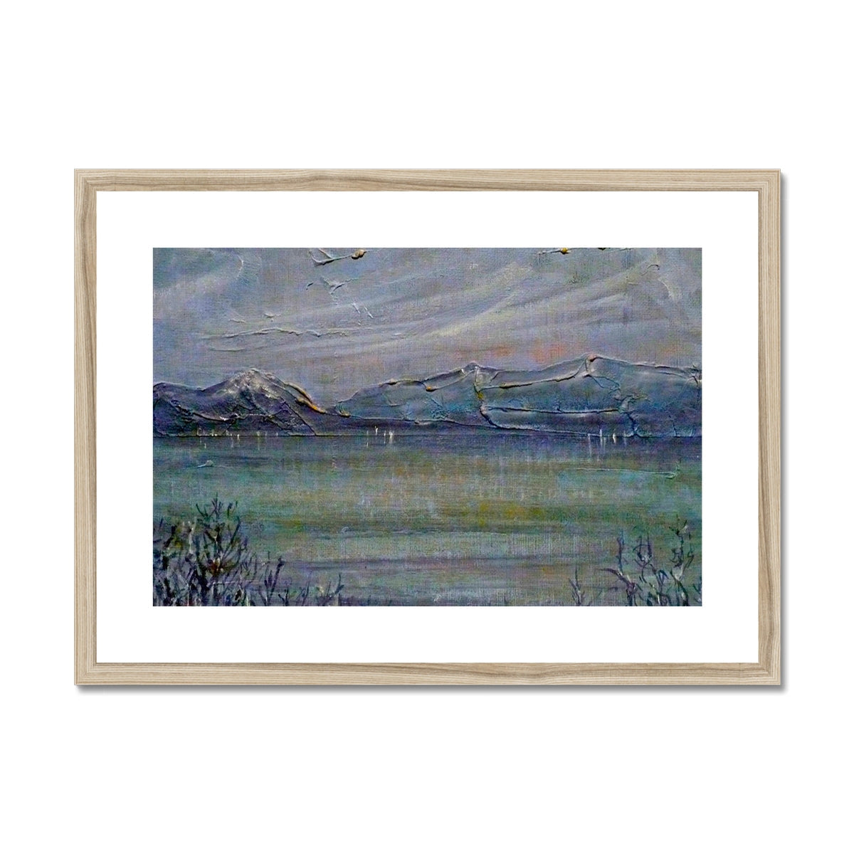Wooden-framed landscape painting of snowy mountains and cloudy sky from Loch Morlich Moonlight print