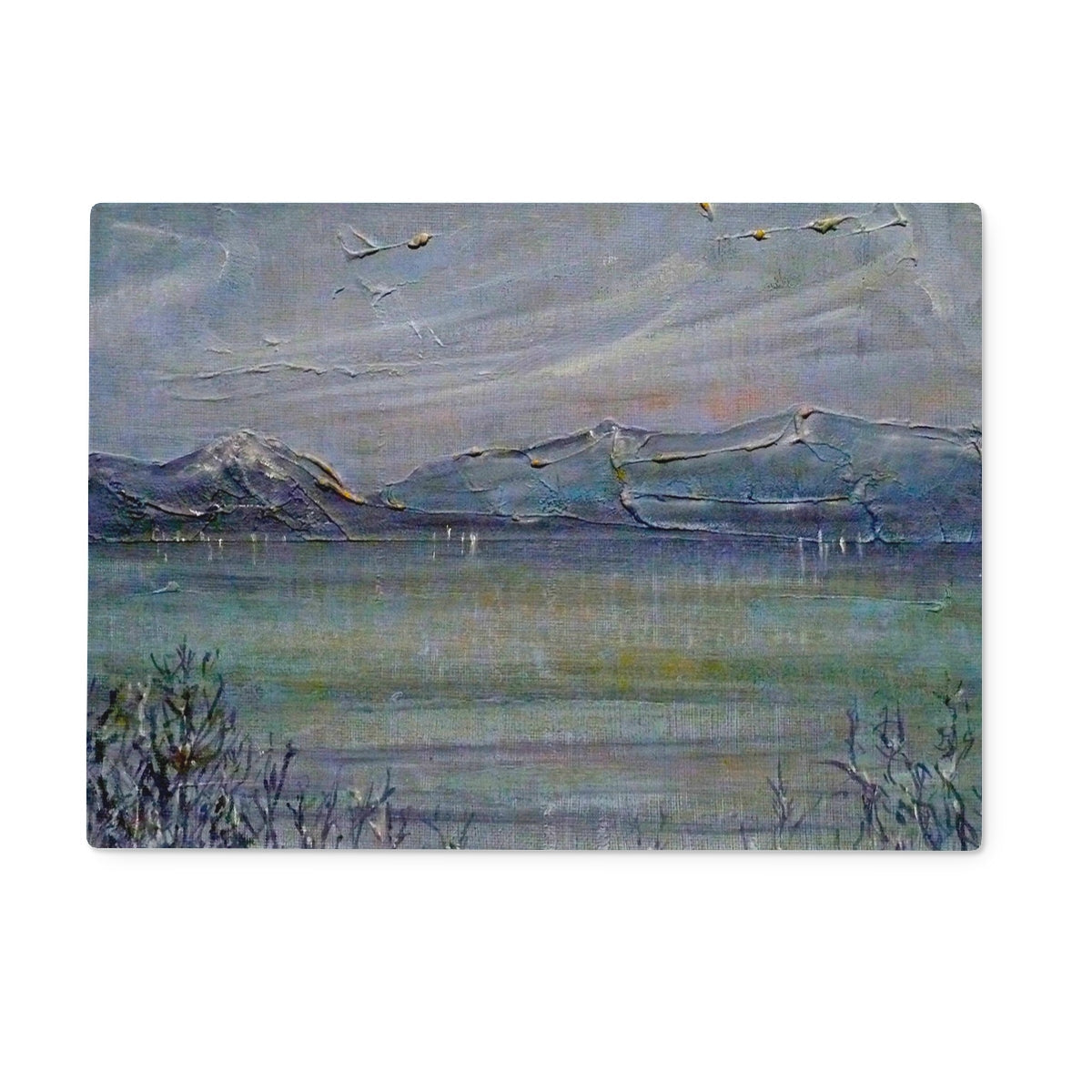 Blue and white mountain landscape Loch Morlich Moonlight Glass Chopping Board