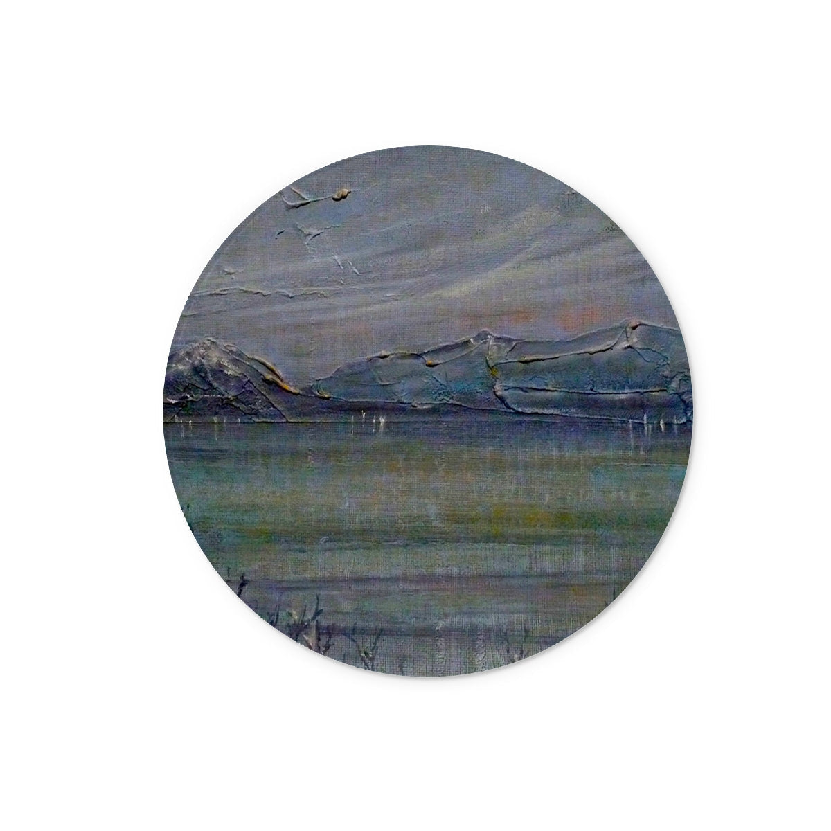 Round sticker with mountain landscape design for Loch Morlich Moonlight Glass Chopping Board