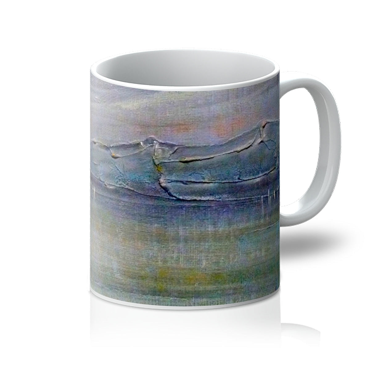 Ceramic Loch Morlich Moonlight Mug with abstract landscape design in muted blues and greens