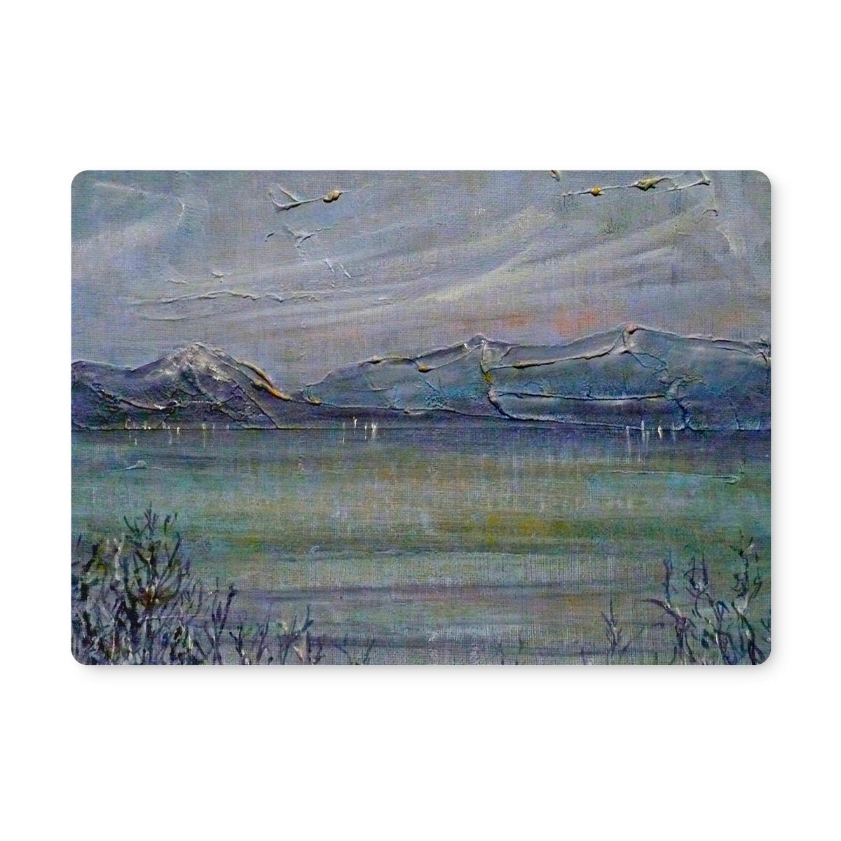 Winter landscape puzzle piece with snow-covered mountains and flying birds on Loch Morlich Moonlight Placemat
