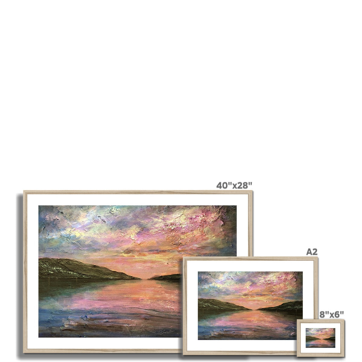 Loch Ness Dawn abstract landscape print with textured pink-purple-blue sky on calm water