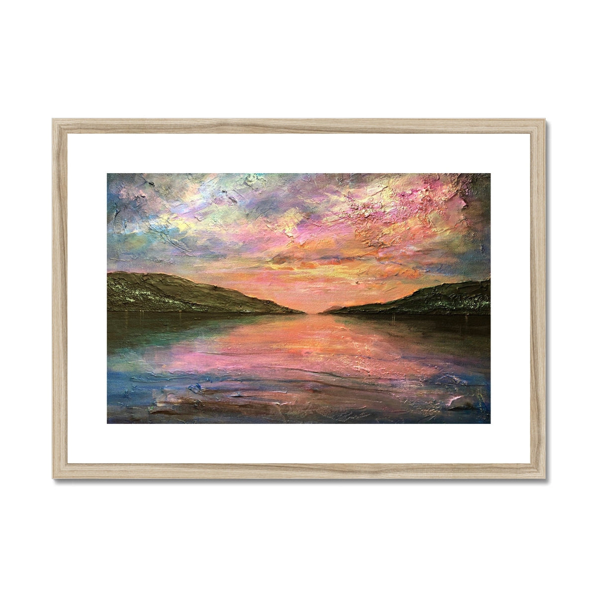 Framed Loch Ness Dawn abstract print of vibrant sunset over calm water