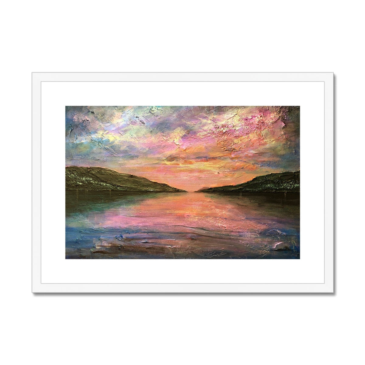 Serene Loch Ness dawn painting print with sunset reflections