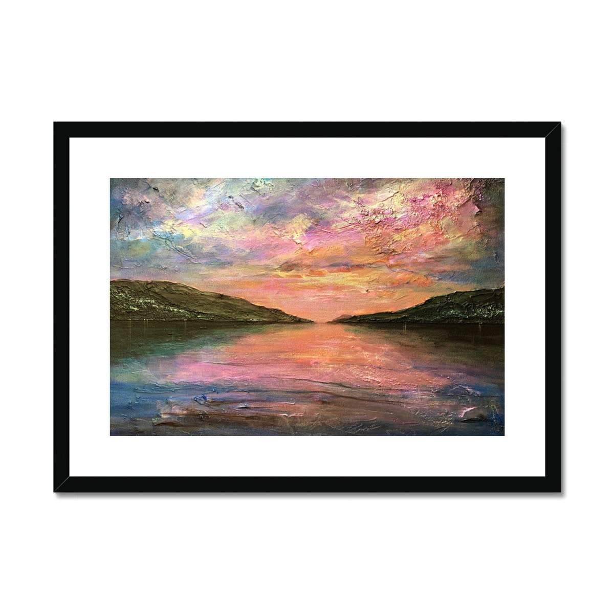 Framed Loch Ness Dawn abstract print of vibrant sunset over calm water hills