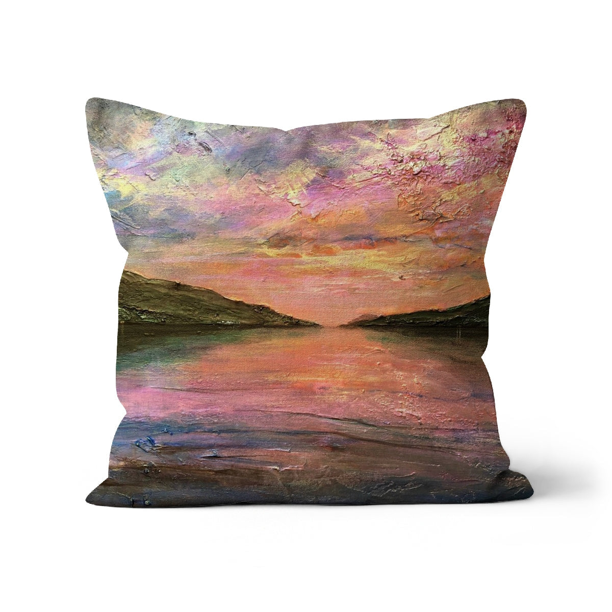 Loch Ness Dawn square cushion with impressionistic sunset over water