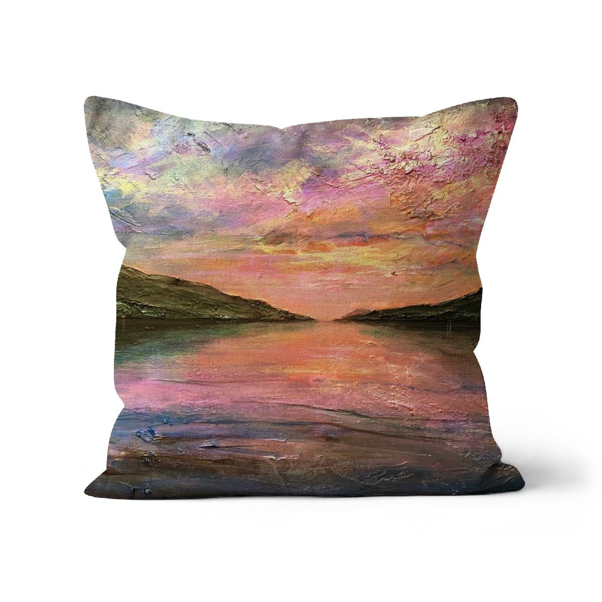 Loch Ness Dawn Cushion: textured impressionistic sunset pillow