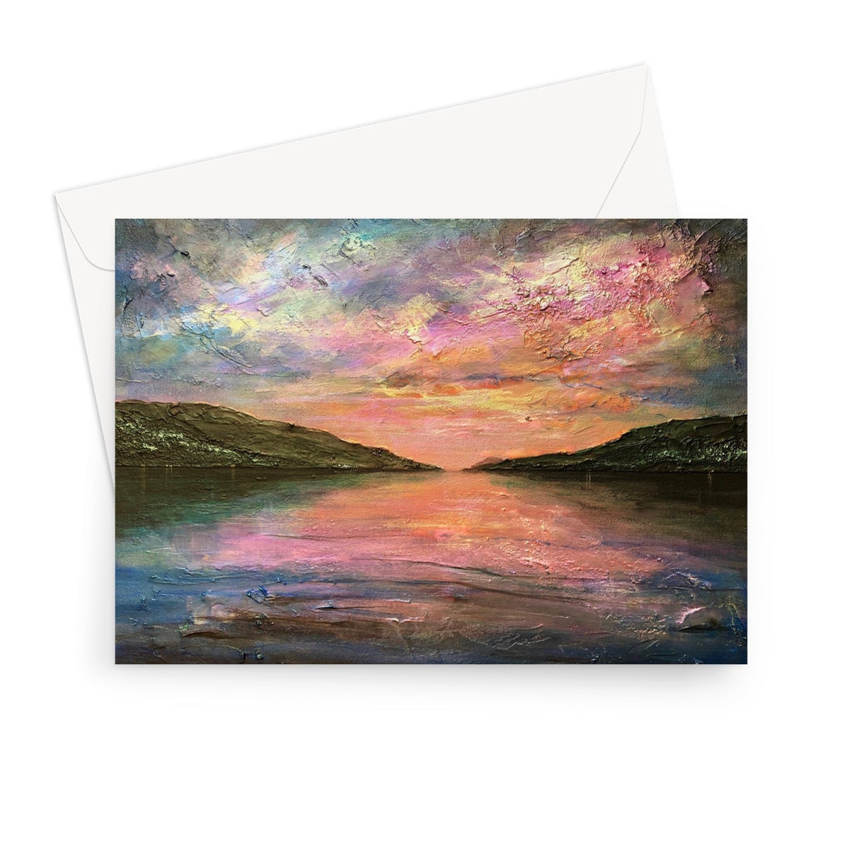 Loch Ness Dawn greeting card with impressionistic pink-orange sunset over water