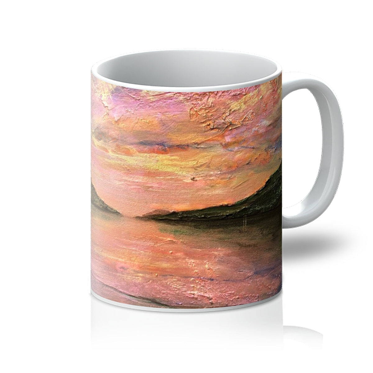 Loch Ness Dawn Mug with textured sunset reflection in pink, orange, yellow