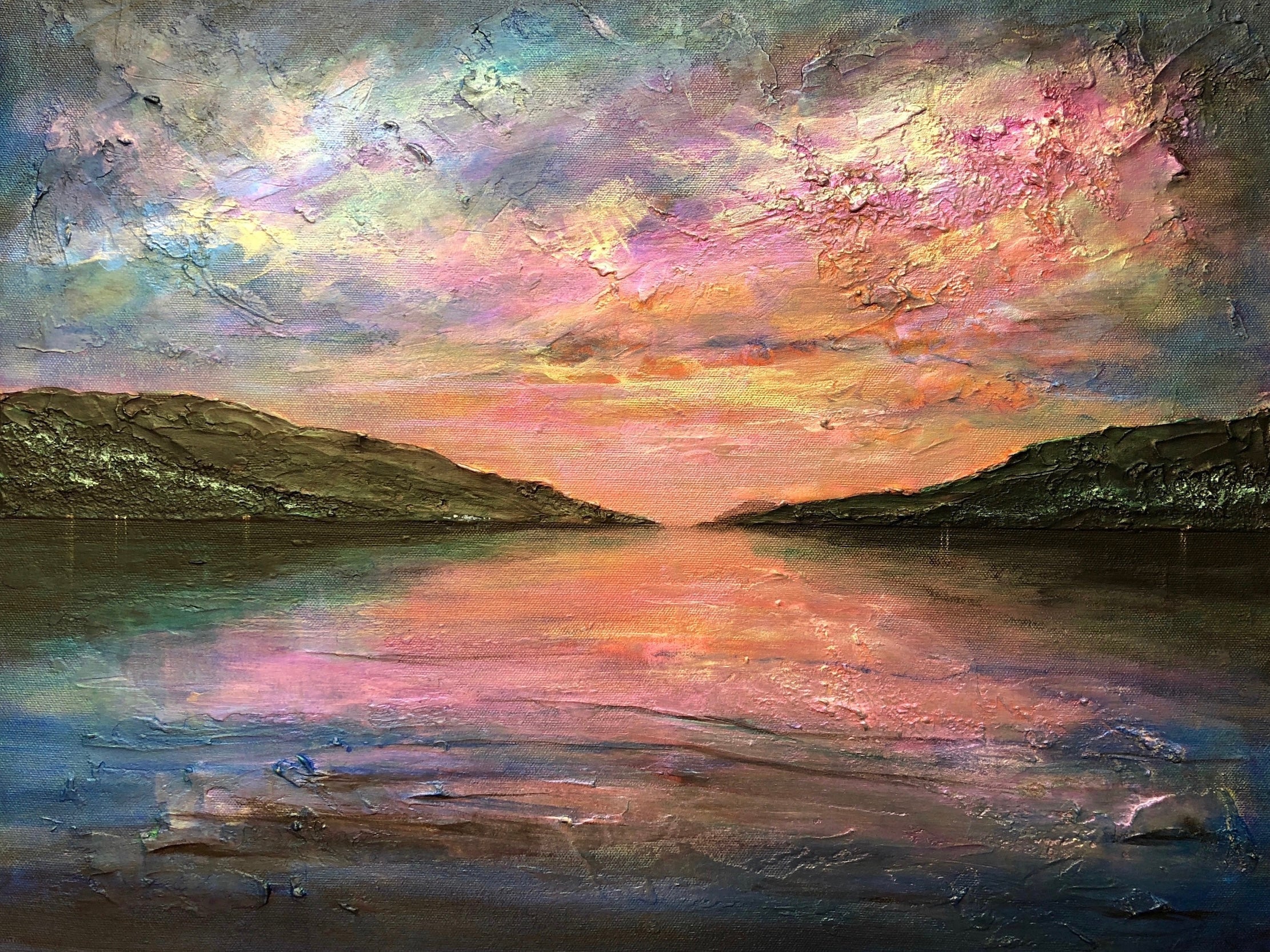 Textured sunset landscape painting titled Loch Ness Dawn Original Painting