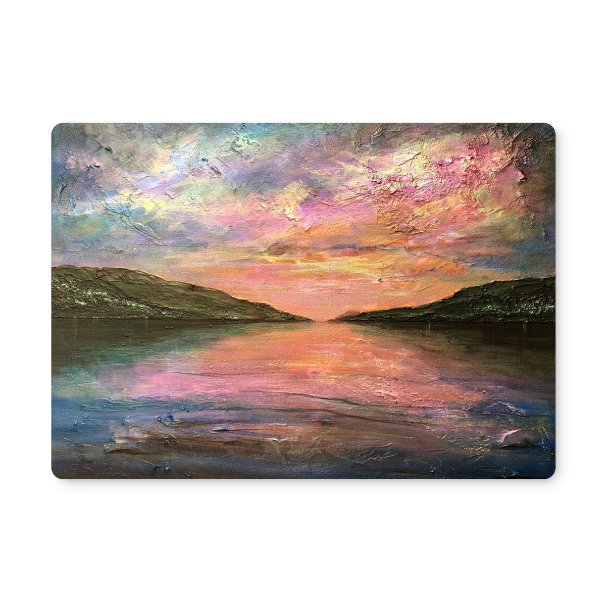 Vibrant impressionist Loch Ness Dawn placemat with serene lake and colorful skies