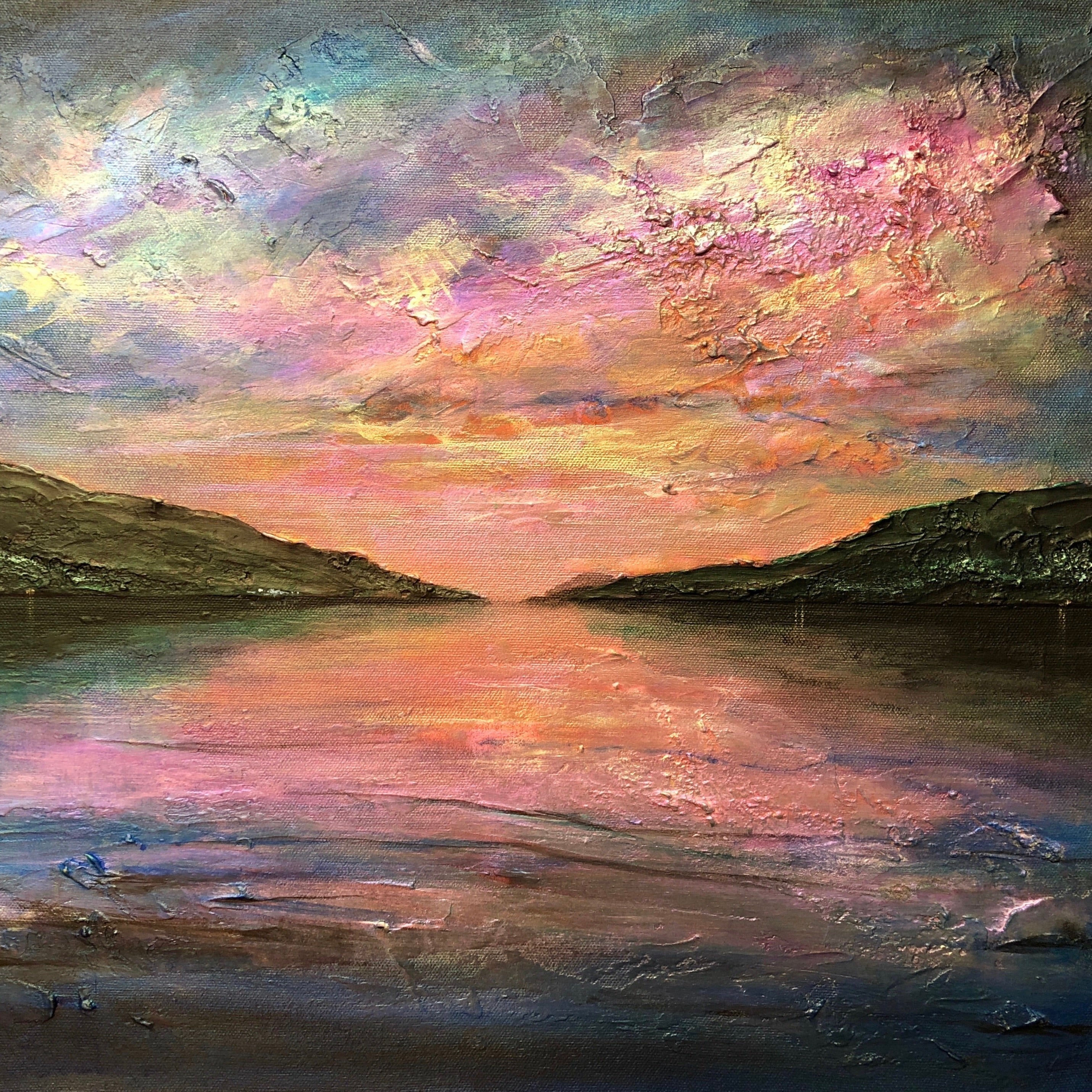 Impasto oil painting of a sunset over Loch Ness with mountains for Loch Ness Dawn Scotland In Your Pocket